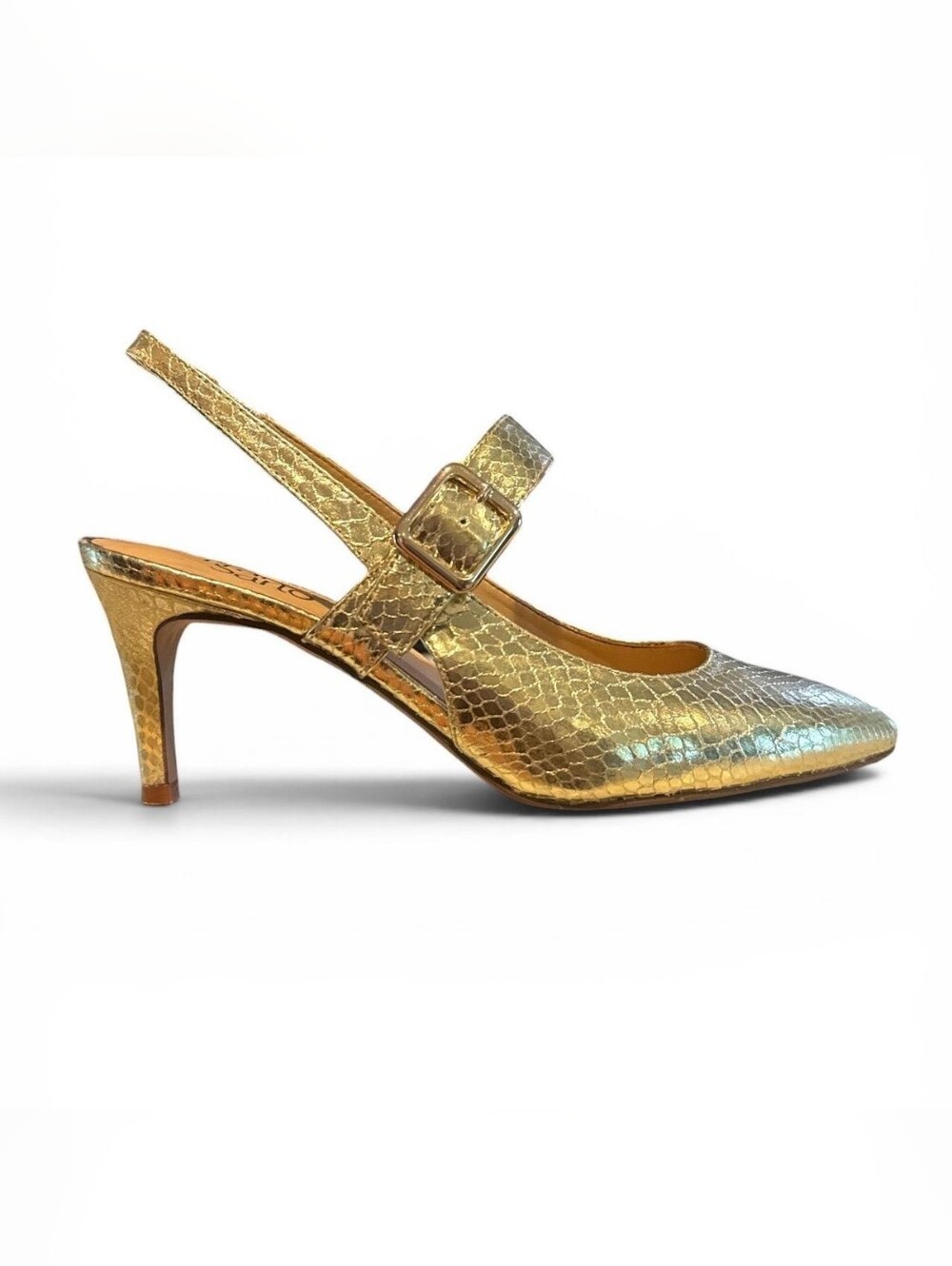 Franco Sarto Gold Metallic Slingback Pointed Pump with Buckle Strap